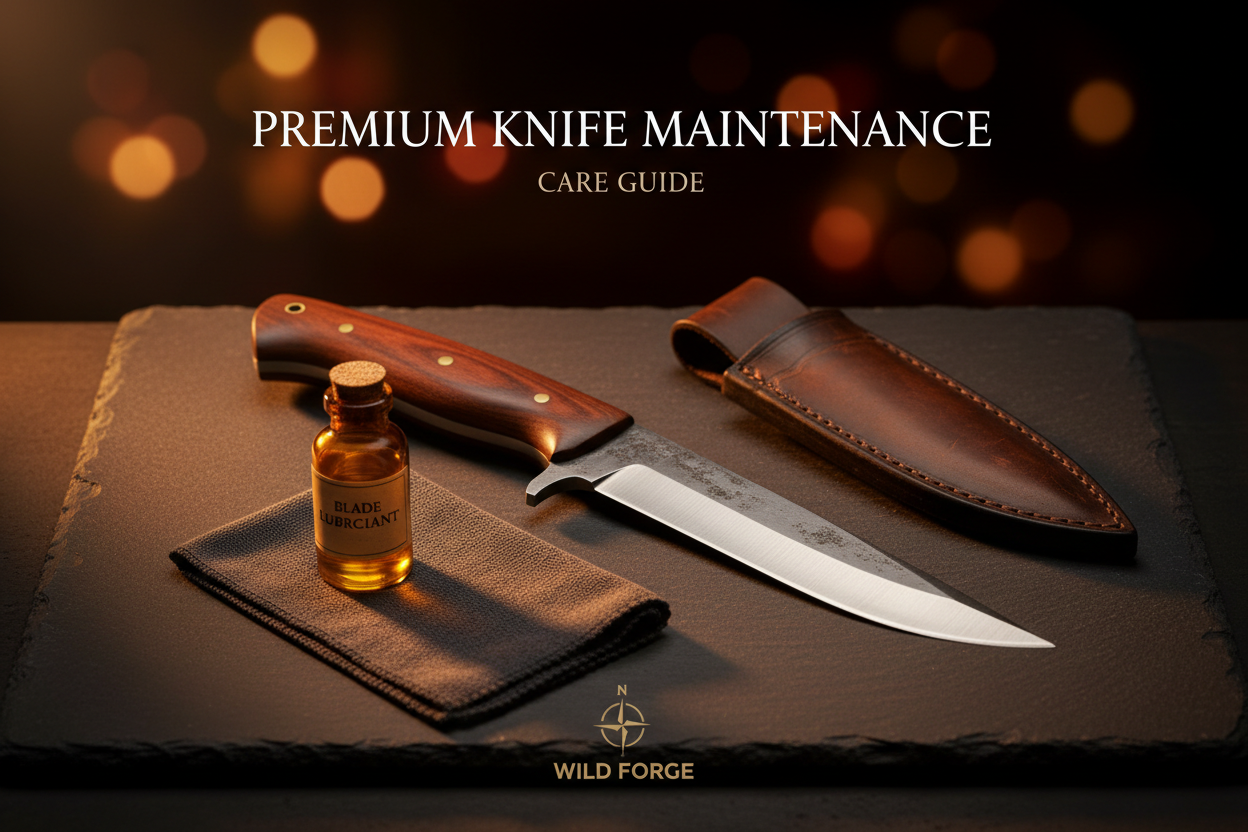 Fixed blade survival knife with knife oil and microfiber cloth on dark slate — TacAtMo knife maintenance guide
