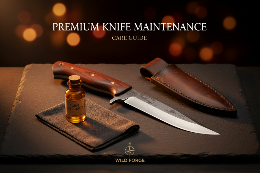 Fixed blade survival knife with knife oil and microfiber cloth on dark slate — TacAtMo knife maintenance guide