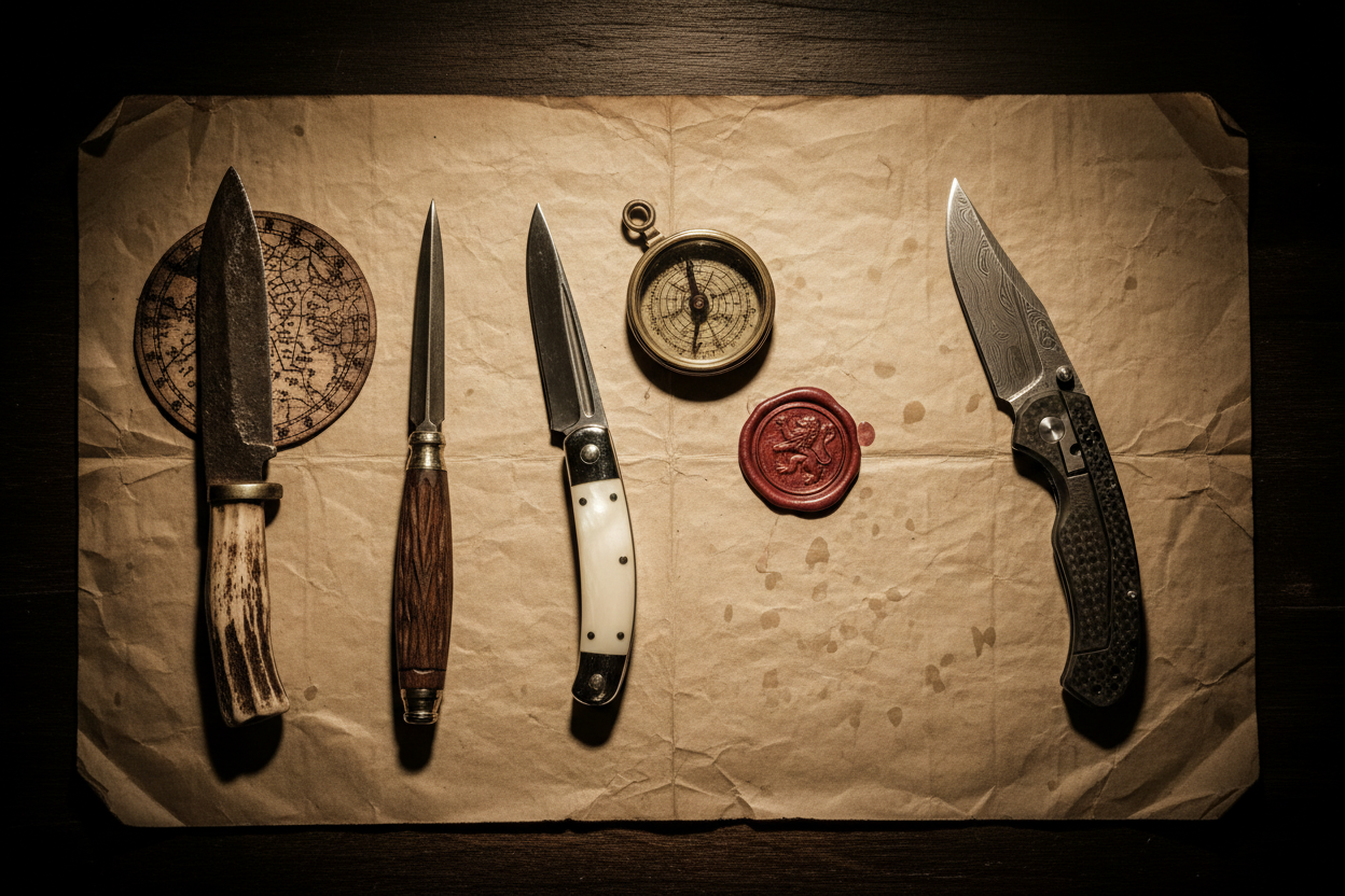 A historical timeline of folding knives from ancient bone-handled iron blade to modern Damascus steel EDC folder, arranged on aged parchment with a compass and wax seal