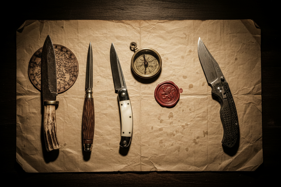 A historical timeline of folding knives from ancient bone-handled iron blade to modern Damascus steel EDC folder, arranged on aged parchment with a compass and wax seal