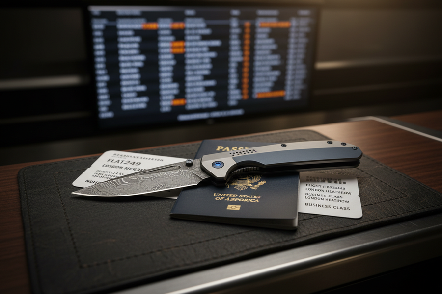 A premium EDC folding knife resting on a boarding pass and passport at an airport check-in counter with a blurred departure board in the background