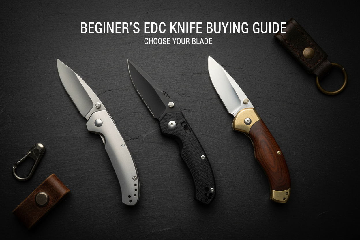 Beginner's EDC knife buying guide — folding pocket knives flat lay on dark surface, Tactical Atmosphere
