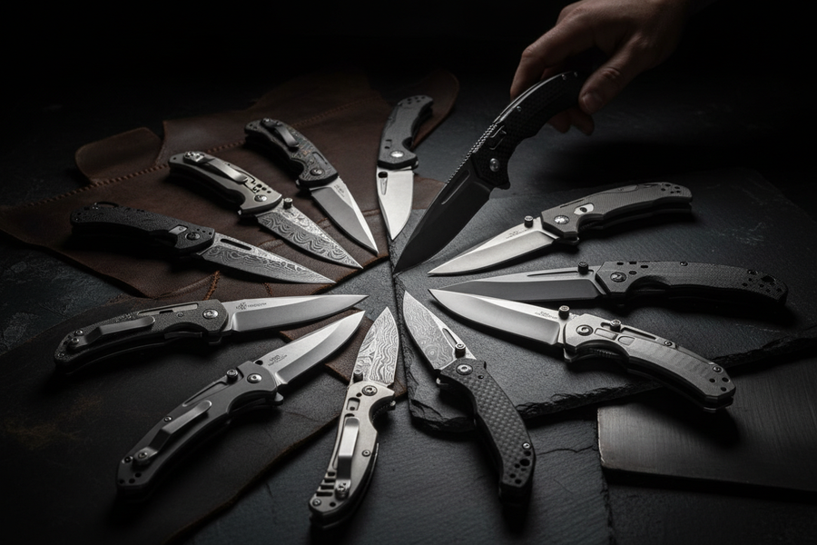 Premium EDC folding knives collection on dark leather surface — Tactical Atmosphere