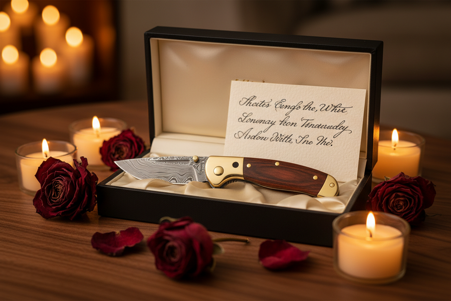 A premium Damascus steel folding knife with rosewood handle in an open black gift box with satin lining, surrounded by dried roses and a handwritten note by candlelight — EDC gift guide for him