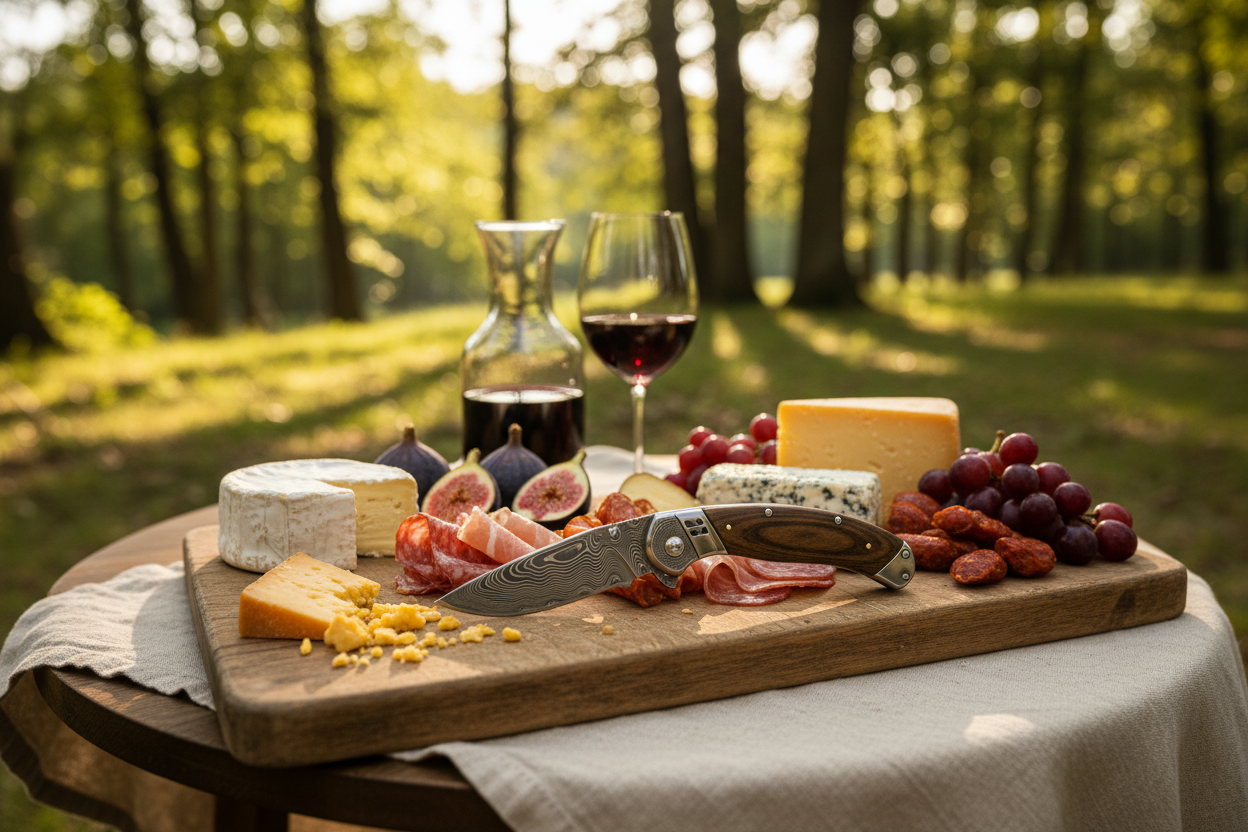 A premium Damascus steel folding knife on a rustic wooden cutting board surrounded by charcuterie, cheese, figs and wine at an outdoor picnic in a sunlit forest