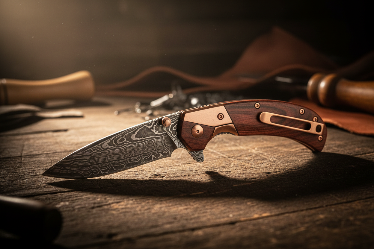 Hand-forged Damascus folding knife with rosewood and copper handle on dark wood surface – artisan knife design story by Tactical Atmosphere