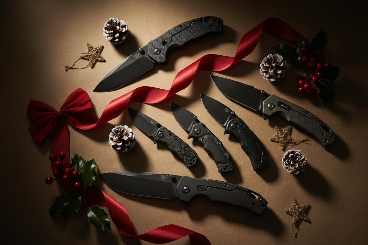 Six premium tactical knives arranged as holiday gifts on dark kraft paper with a red ribbon and pine cones — Father's Day and Christmas gift guide from Tactical Atmosphere