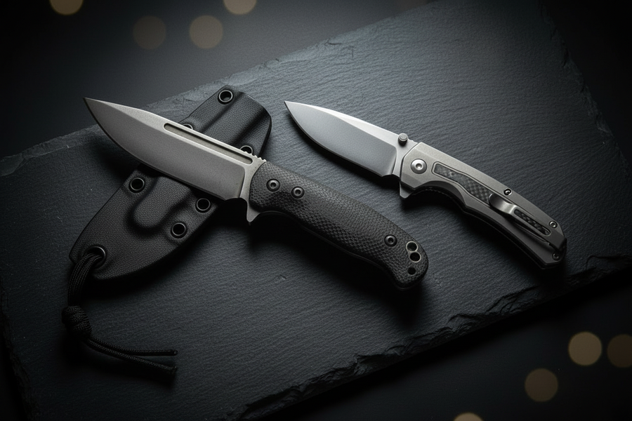 A fixed blade knife with Kydex sheath and a folding EDC knife laid side by side on dark slate — TacAtMo knife comparison guide