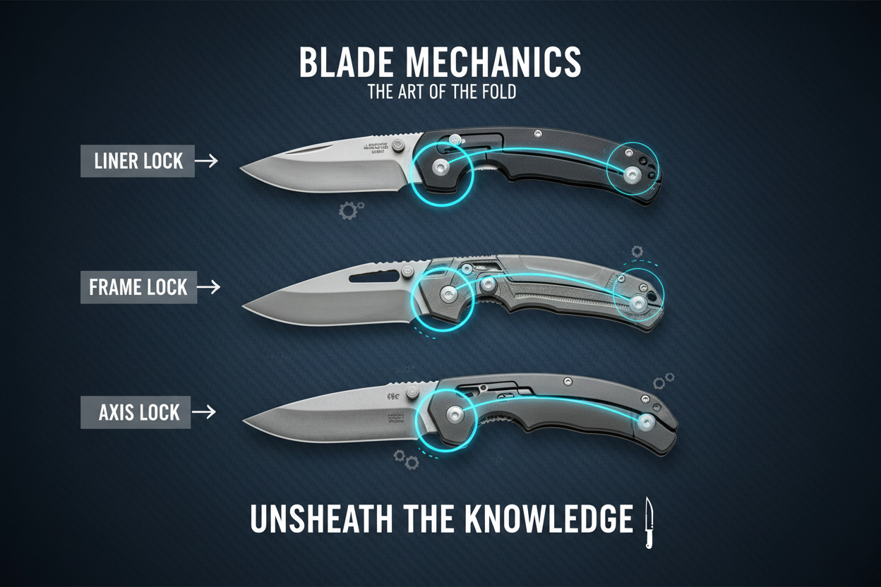 Three folding knives displayed side by side comparing liner lock, axis lock, and frame lock mechanisms — TacAtMo knife guide