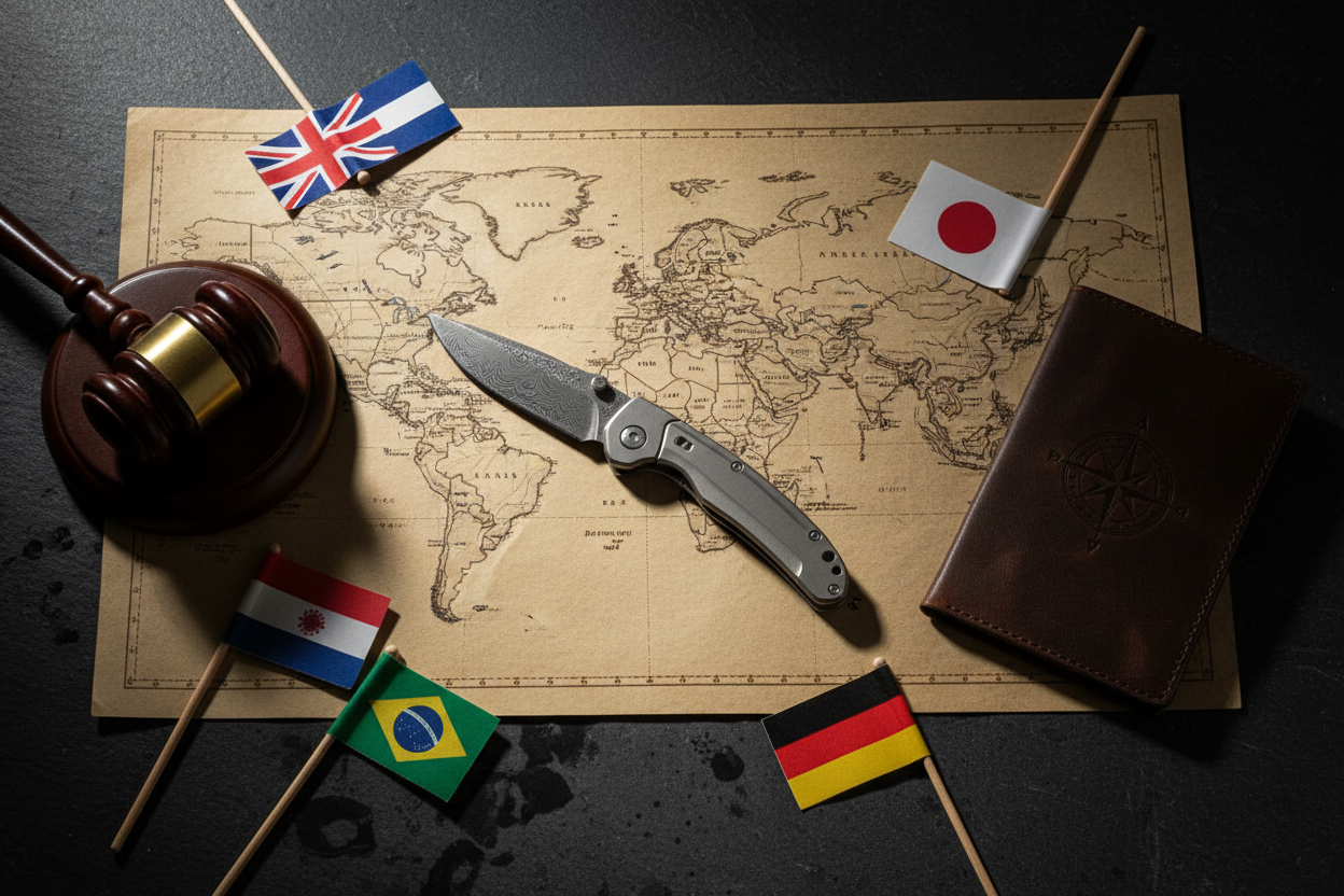 An EDC folding knife placed on a world map surrounded by national flags, a gavel and a leather passport holder on a dark slate surface — illustrating global knife carry laws
