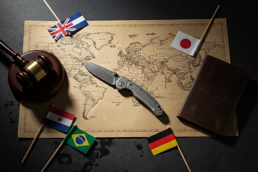 An EDC folding knife placed on a world map surrounded by national flags, a gavel and a leather passport holder on a dark slate surface — illustrating global knife carry laws