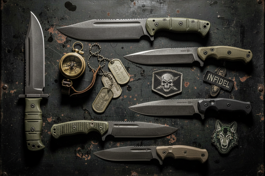Six tactical knives and fixed blades arranged on a dark weathered metal surface with military dog tags, a compass and tactical patches — military-style EDC gear guide 2026