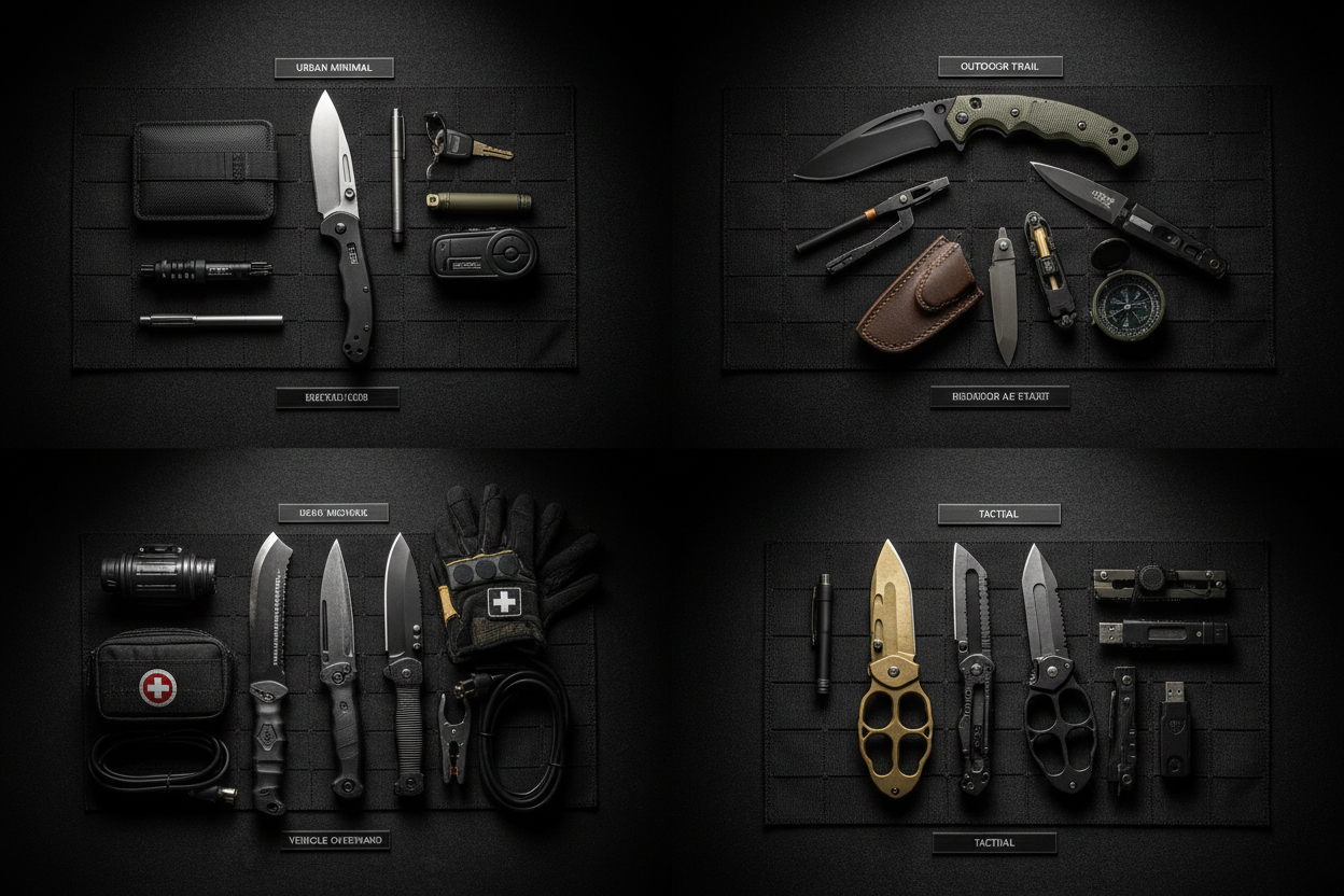 Modular EDC loadout system 2026 – four task-specific tool kits for urban, outdoor, vehicle and tactical carry arranged on dark tactical surface