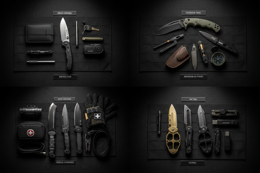 Modular EDC loadout system 2026 – four task-specific tool kits for urban, outdoor, vehicle and tactical carry arranged on dark tactical surface