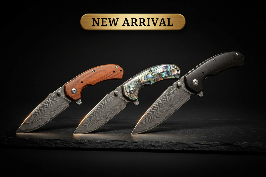 Three coreless Damascus steel folding knives in rosewood, shell, and ebony handles displayed on dark surface — TacAtMo new arrival EDC collection