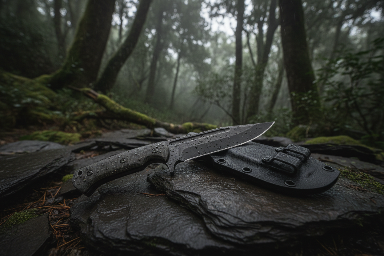 Survival knife buying guide — full tang fixed blade on dark slate rock, Tactical Atmosphere
