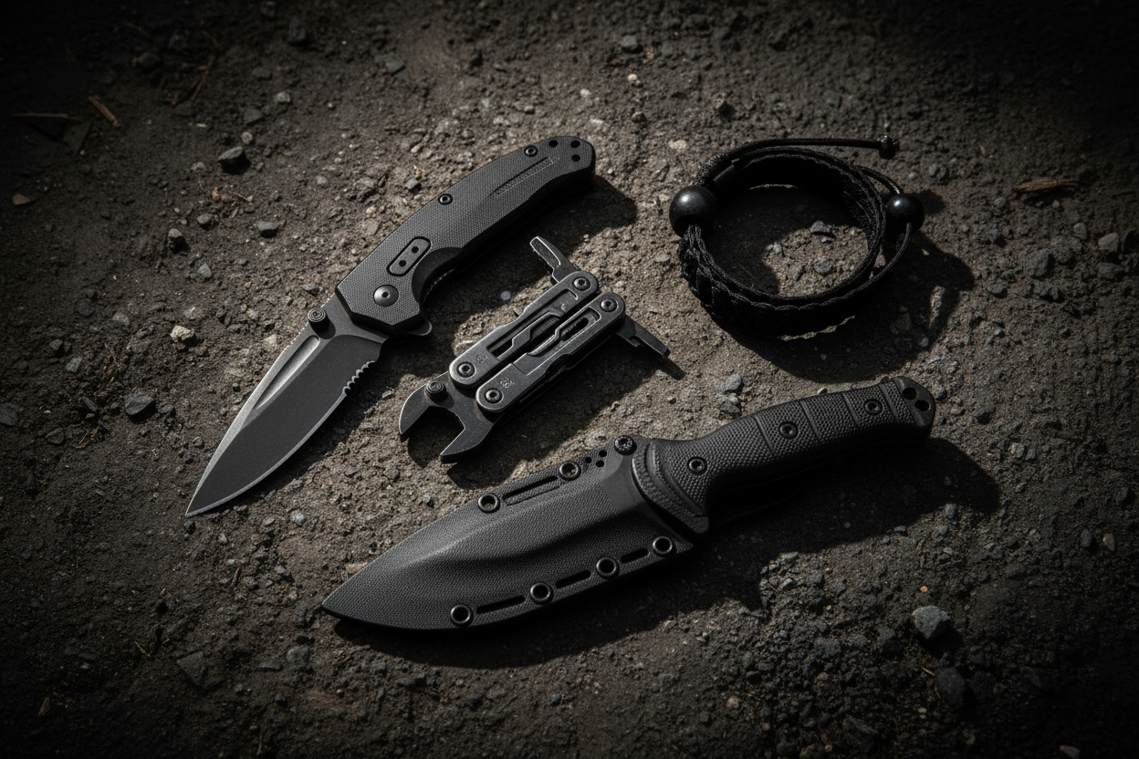 Survivalist EDC gear laid out on rugged terrain — tactical folding knife, multi-tool, glass breaker wrist strap, and fixed blade knife — TacAtMo off-road emergency kit guide