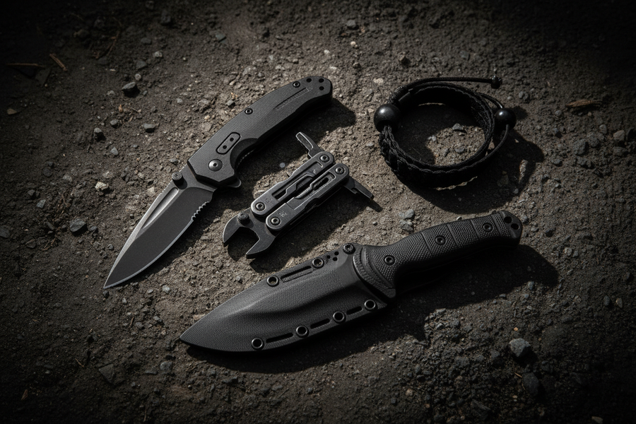 Survivalist EDC gear laid out on rugged terrain — tactical folding knife, multi-tool, glass breaker wrist strap, and fixed blade knife — TacAtMo off-road emergency kit guide