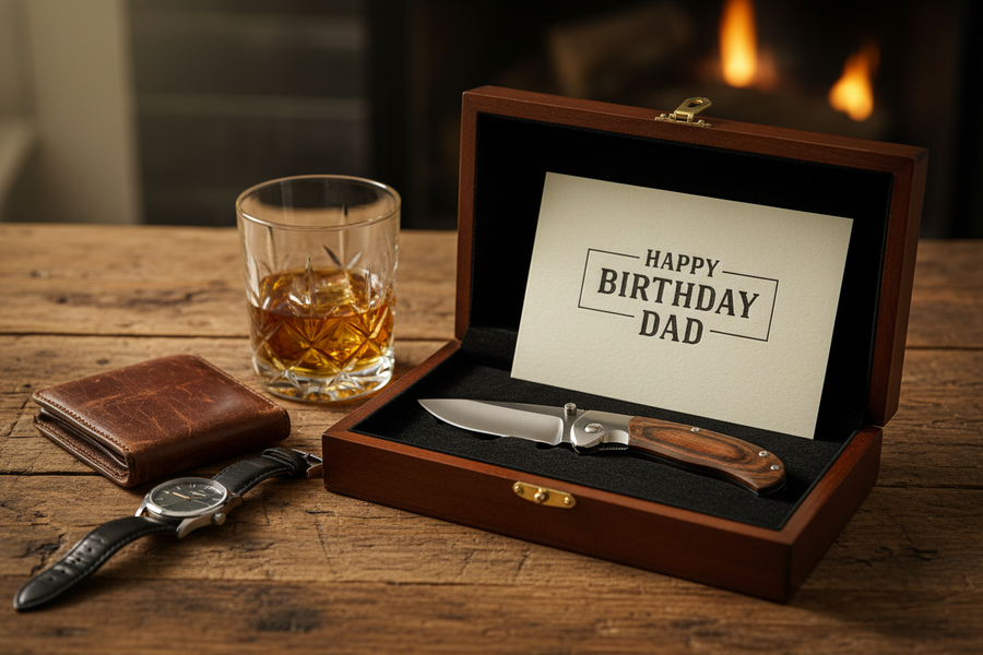 A premium folding knife in an open dark gift box with a Happy Birthday Dad card, placed beside a glass of whiskey, leather wallet and wristwatch on a rustic wooden table