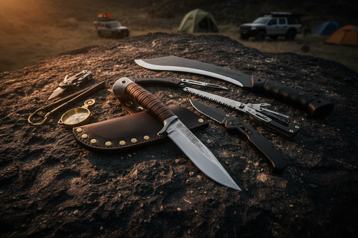 Ultimate EDC gear collection for camping and overlanding – fixed blade knives, folding knives, machete and bushcraft tools laid out on dark tactical surface