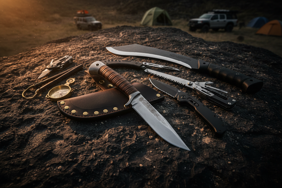 Ultimate EDC gear collection for camping and overlanding – fixed blade knives, folding knives, machete and bushcraft tools laid out on dark tactical surface
