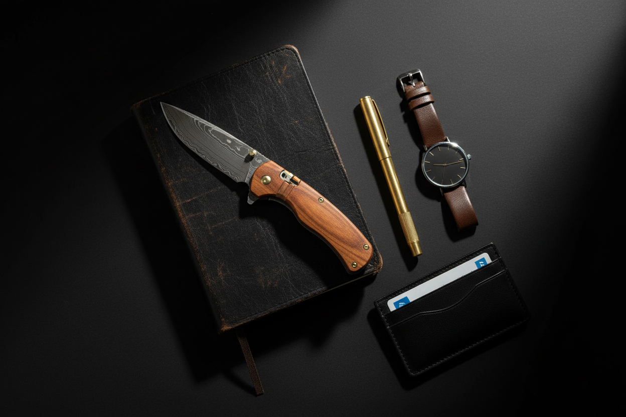 A premium Damascus steel EDC folding knife with rosewood handle laid beside a brass pen, watch and wallet on a dark leather surface — the essential everyday carry setup