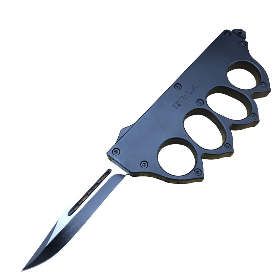 An open 1918 U.S. style knuckle duster OTF knife with a black handle and silver blade, displayed on a white background.