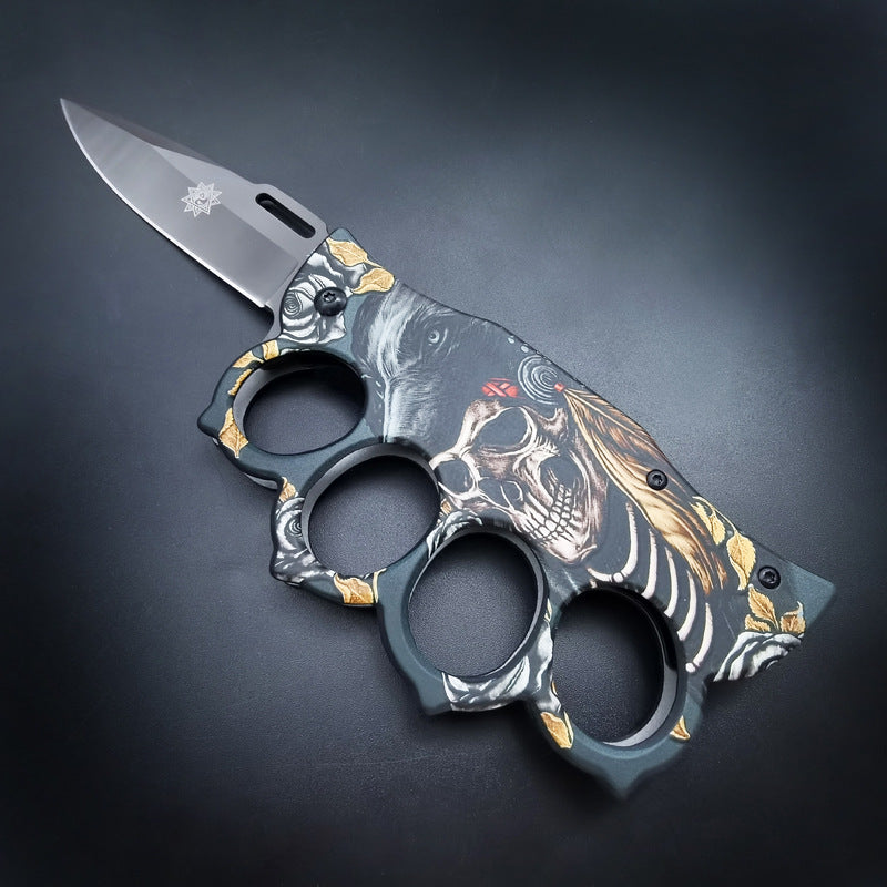 2-in-1 brass knuckle pocket folding knife with fast spring-assisted opening, removable pocket clip, liner lock, stainless steel blade, aluminum handle, 210mm total length, 59HRC hardness, ideal for outdoor, EDC, and tactical use.
