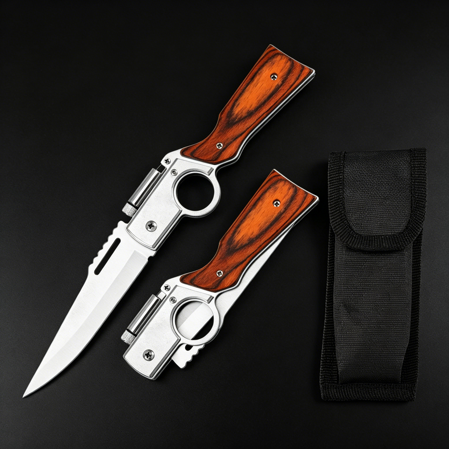 Folding knife with 3Cr13 stainless steel blade, ergonomic wood handle with anti-slip grip, compact and lightweight, ideal for outdoor activities, everyday carry, and utility tasks, includes nylon sheath.