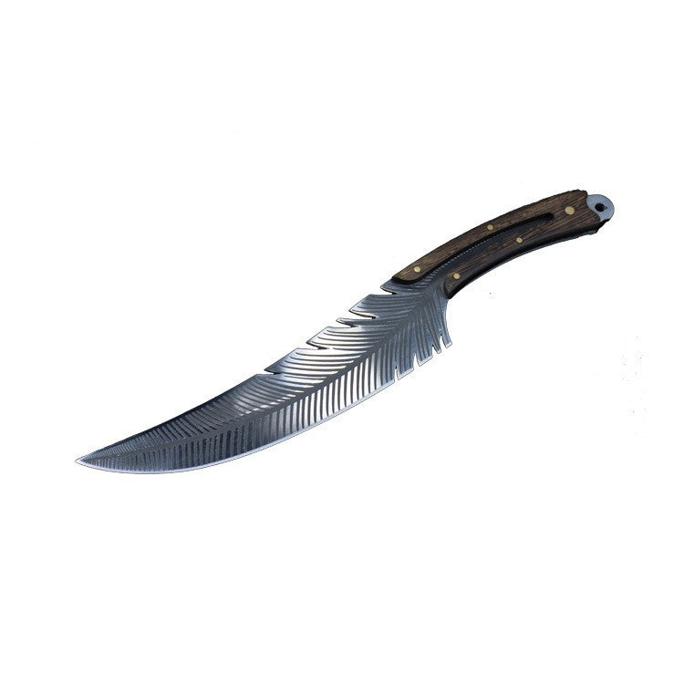 35cm Feather Pattern Fixed Blade Knife | 7Cr17MoV Steel & Rosewood Handle | Wooden Sheath | Outdoor Hunting/Collector Knife