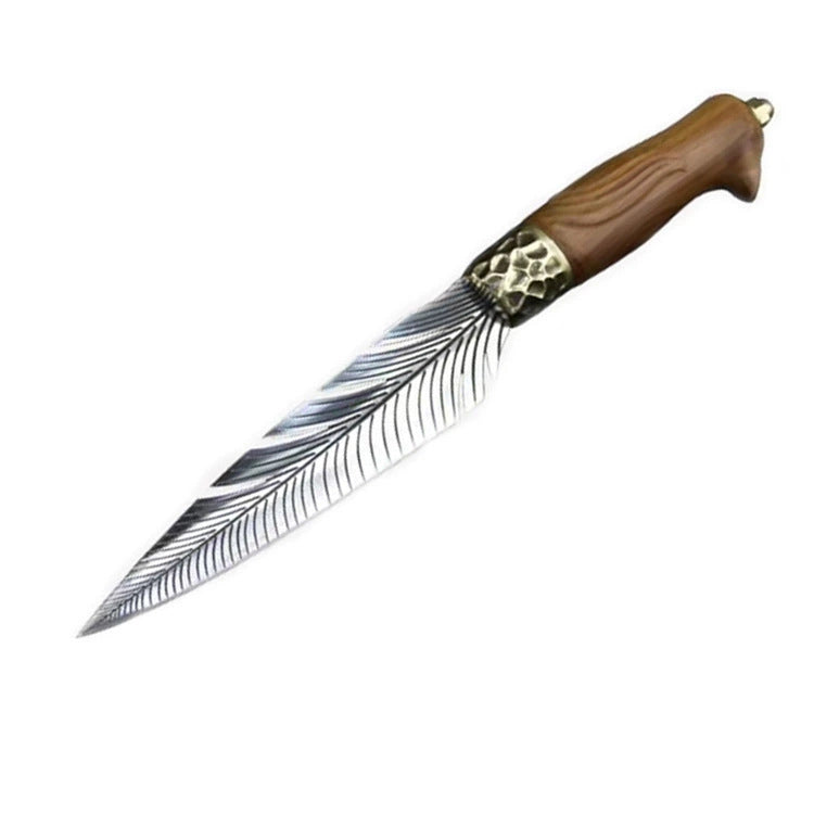 7Cr17MoV Feather Pattern Fixed Blade Knife | Hammered Copper Guard & Rosewood Handle | 31cm Outdoor Hunting/Collector Knife