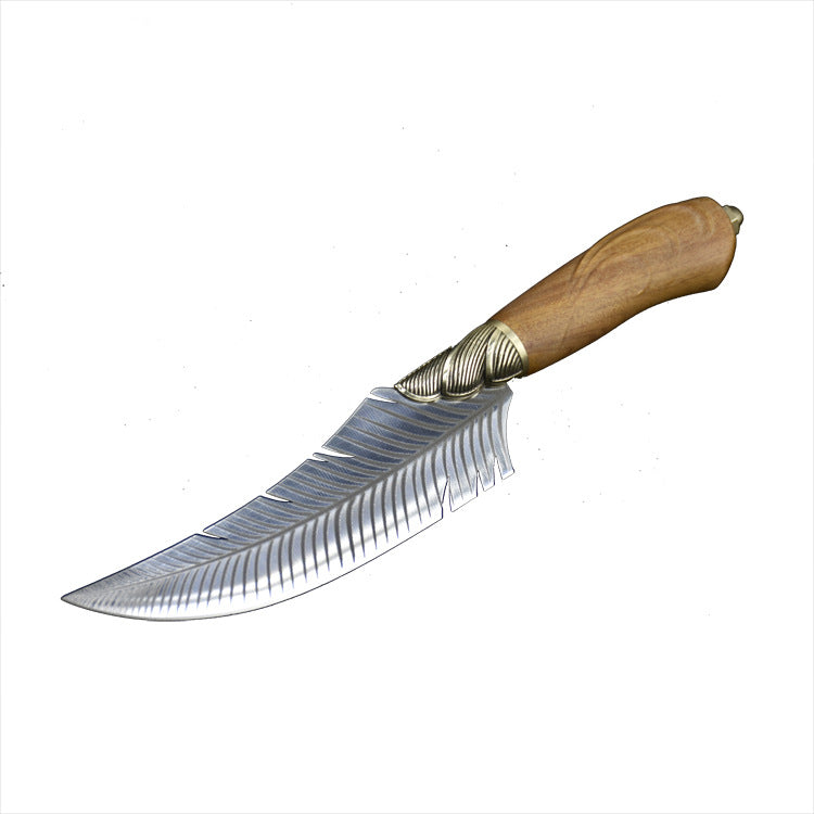 7Cr17MoV Feather Pattern Knife | Pure Copper Guard & Rosewood Handle | 26.5cm Outdoor/Hunting Knife