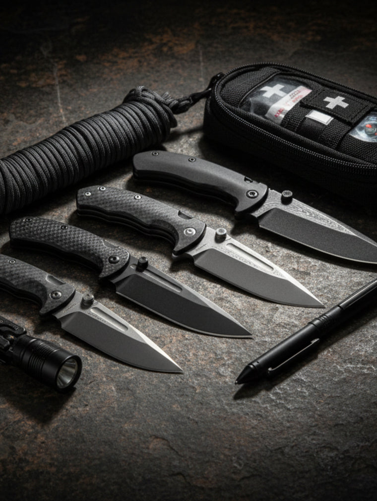 Blog homepage graphic: Black carbon fiber folding knives with everyday carry tools