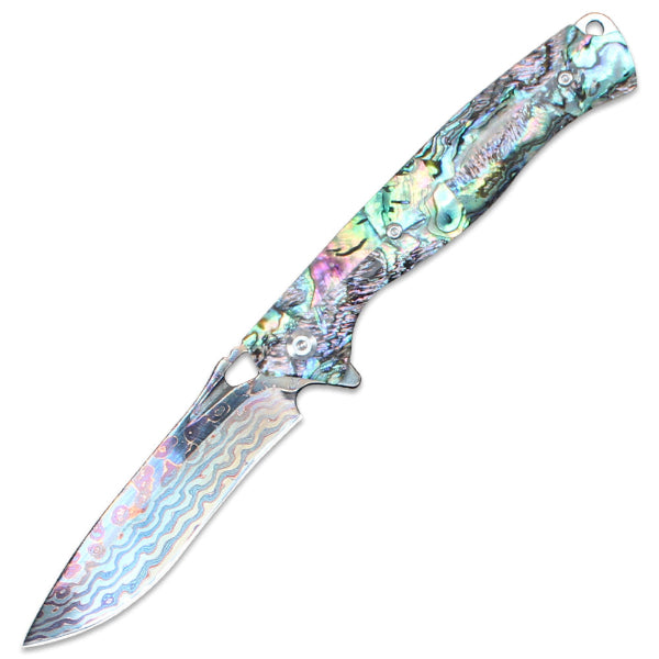 White background product shot of a high-aesthetic abalone shell handle folding knife, featuring a stunning colorful Damascus blade, an ideal choice for EDC enthusiasts and collectors.