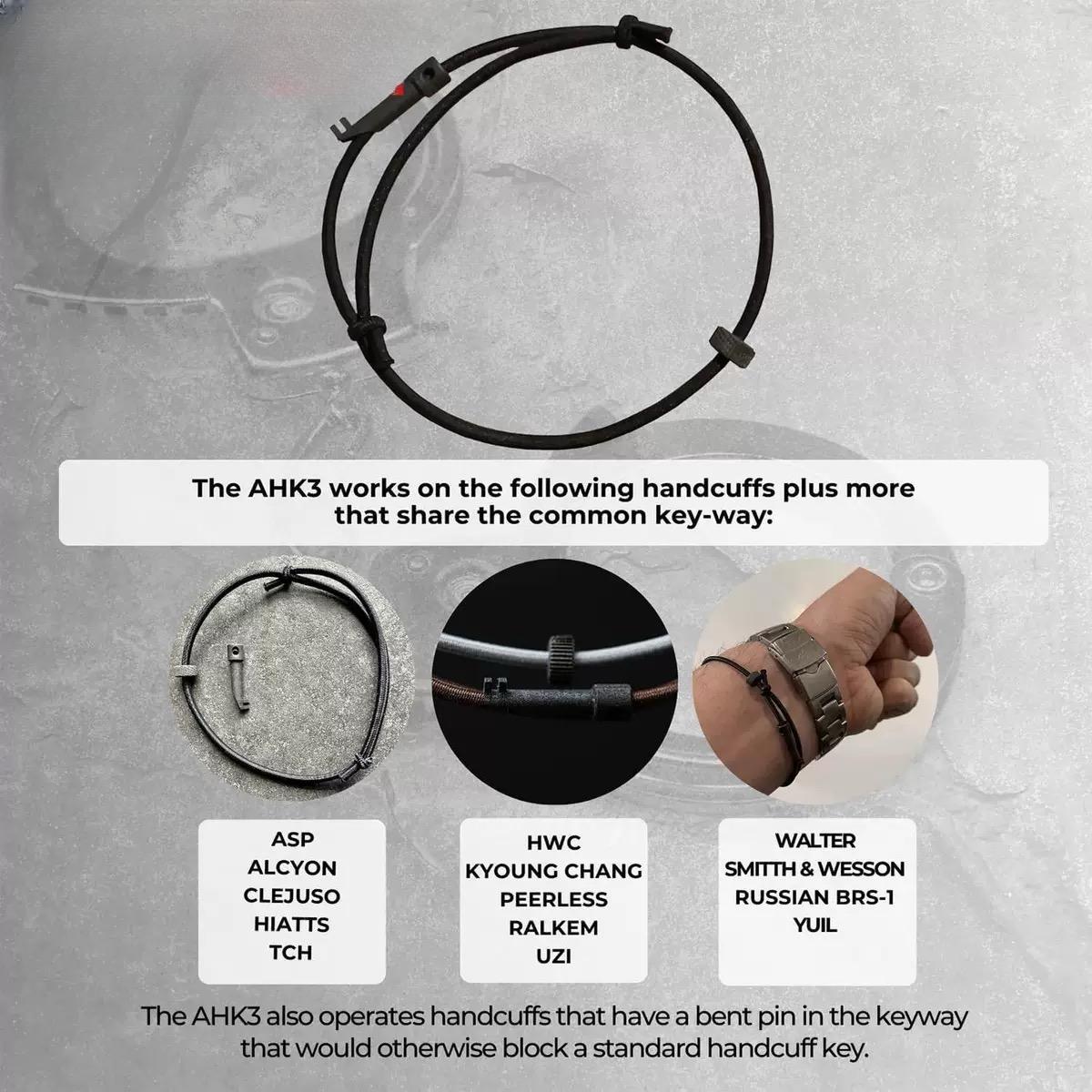 A product infographic for the AHK3 tactical handcuff key, listing compatible handcuff brands including ASP, Smith & Wesson, Peerless, and others, with close-up shots of the key and a wrist-worn demonstration.