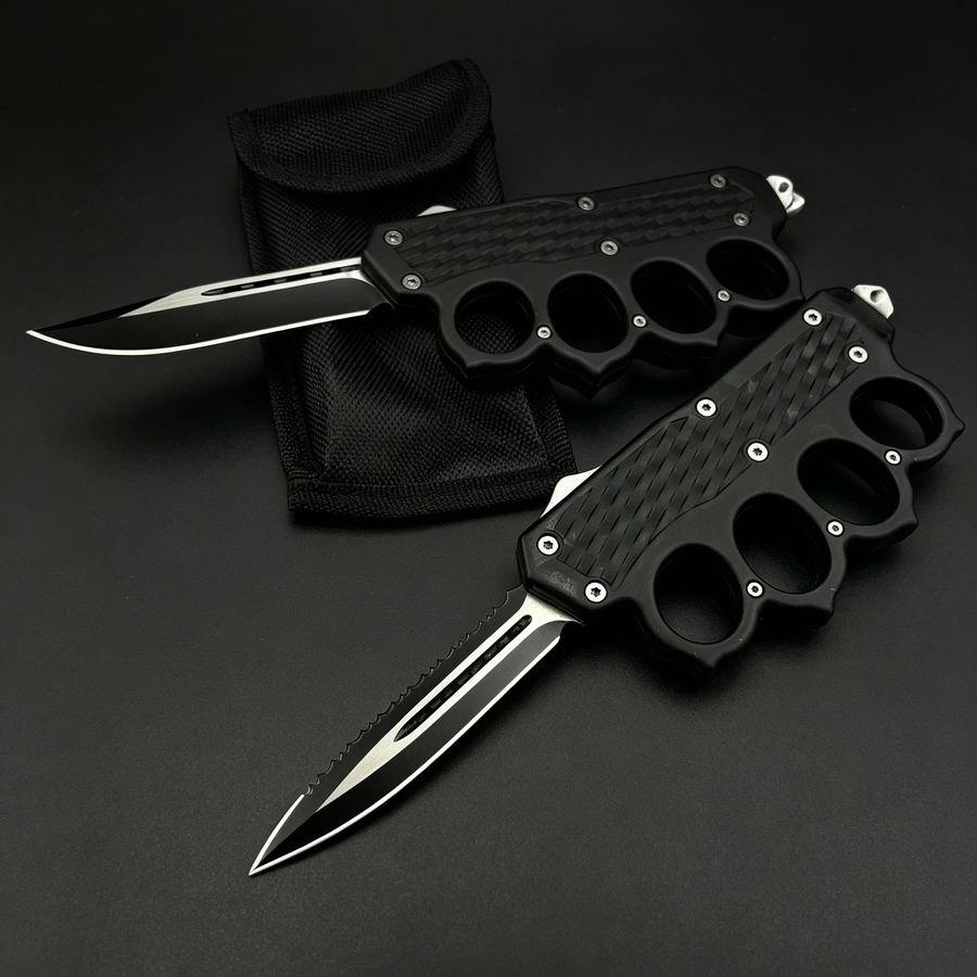 AS-E tactical knuckle automatic knife with 9cm 440 steel blade, 2.1mm thick, zinc-aluminum alloy handle, spring-assisted opening, combination fine and serrated edge, liner lock, removable pocket clip, integrated glass breaker, 22.5cm total length, 220g.