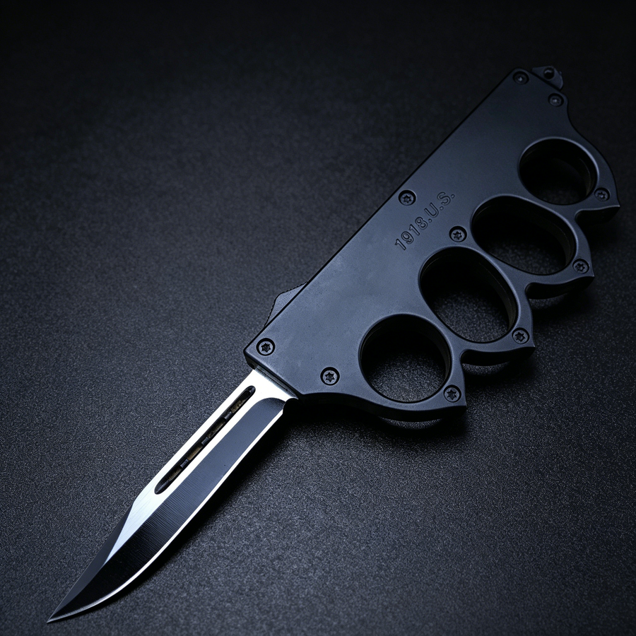 AS-Y tactical knuckle automatic knife with 9.2cm 440C steel blade, 14cm zinc alloy handle, 23.2cm total length, 240g, compact and durable design for tactical and EDC use.
