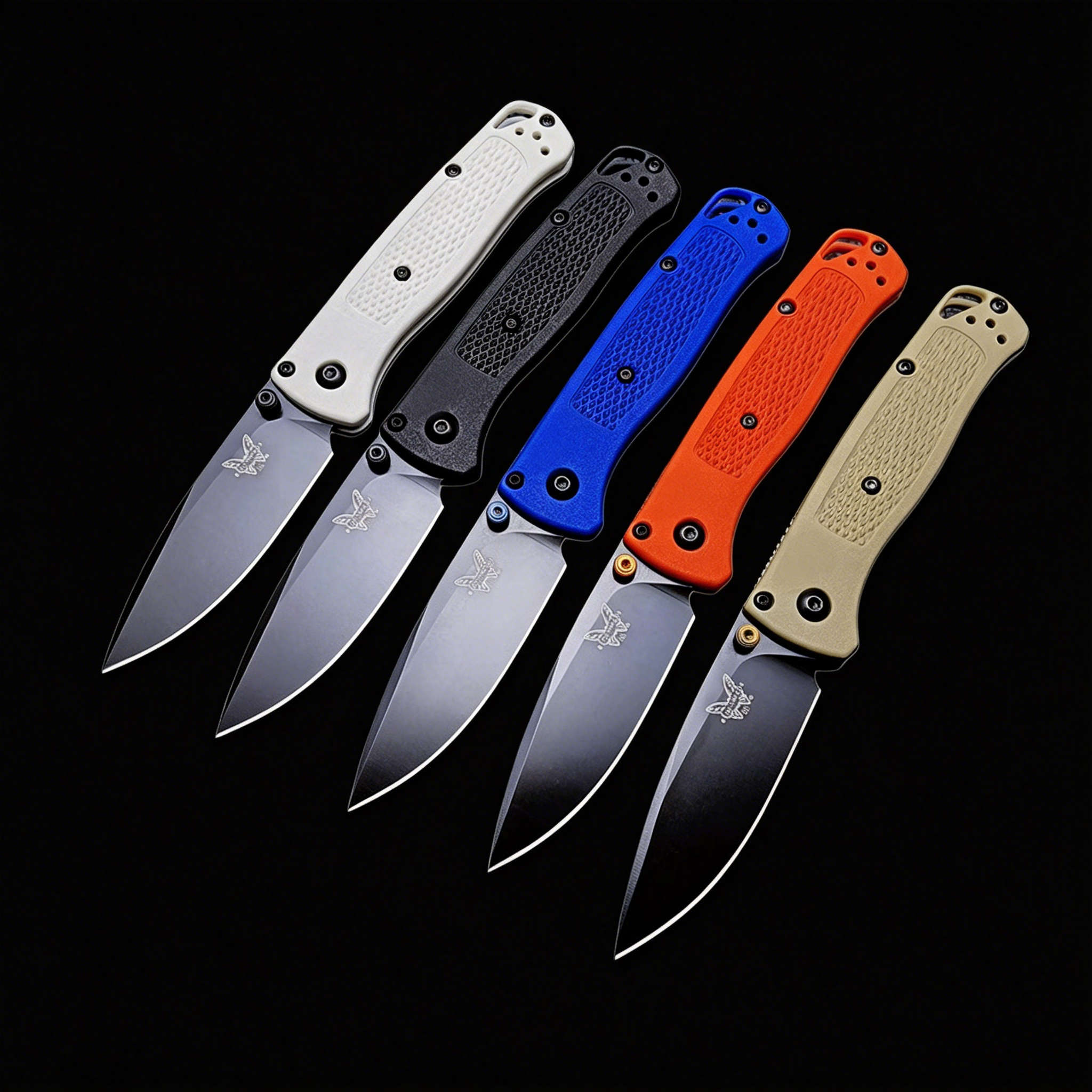 Five open Benchmade folding knives with white, black, blue, orange, and tan handles, displayed on a black background.