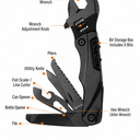A black folding multi-tool with an adjustable wrench head, displayed on a white background with labels pointing to its features including a bit hole, wrench adjustment knob, bit storage box, pliers, utility knife, fish scaler, can opener, bottle opener, file, and hex wrench.
