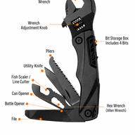 A black folding multi-tool with an adjustable wrench head, displayed on a white background with labels pointing to its features including a bit hole, wrench adjustment knob, bit storage box, pliers, utility knife, fish scaler, can opener, bottle opener, file, and hex wrench.