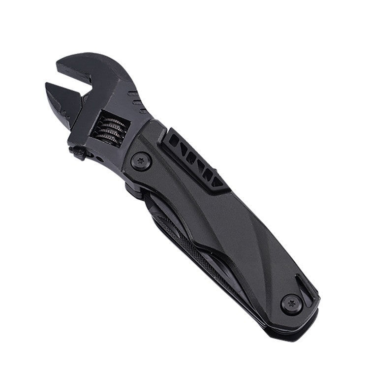 A black folding adjustable wrench with a textured knife-style handle and an exposed adjustment mechanism, shown on a white background.