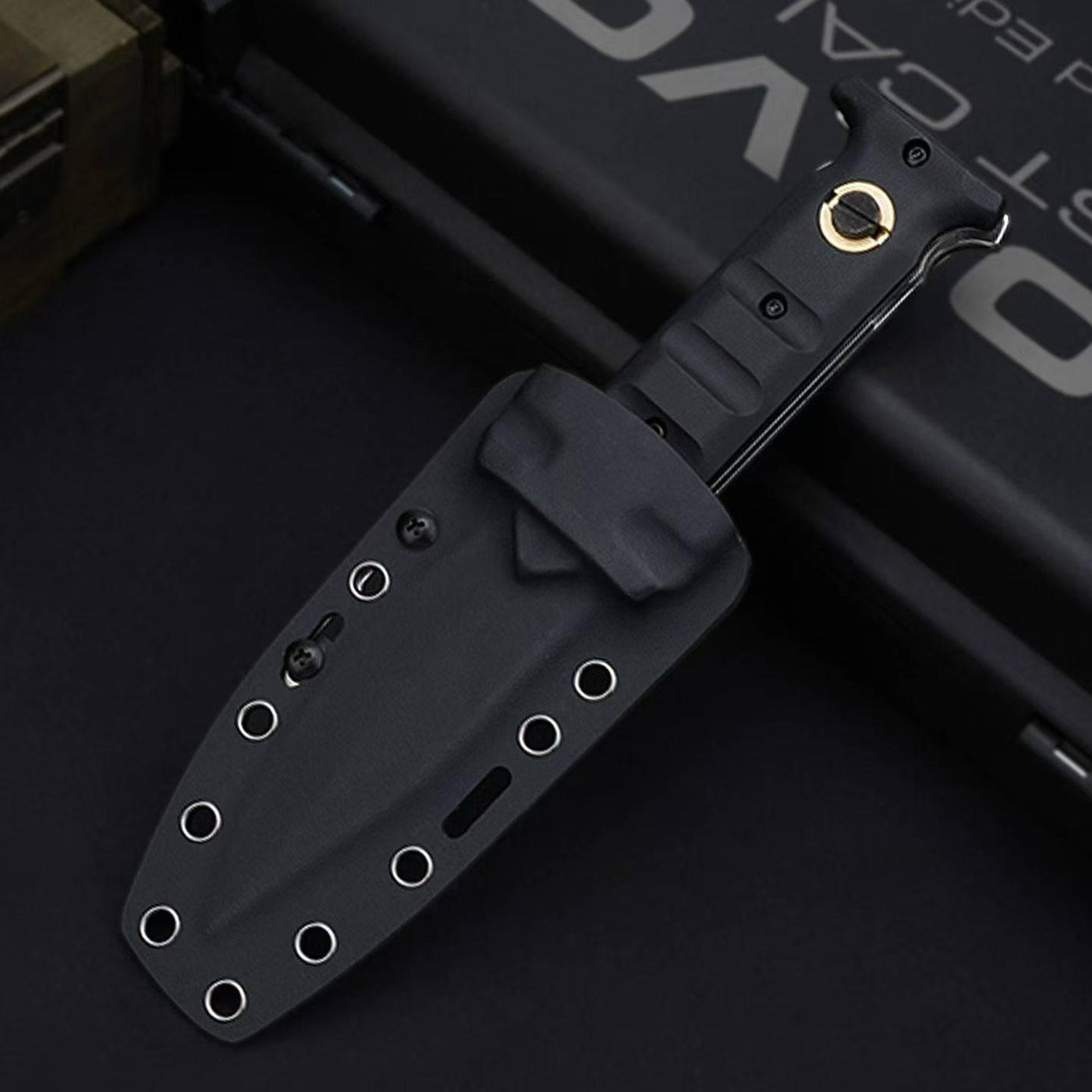 A closed black folding knife with a gold pivot screw, sheathed inside a black hard sheath with multiple eyelets, displayed on a dark background.