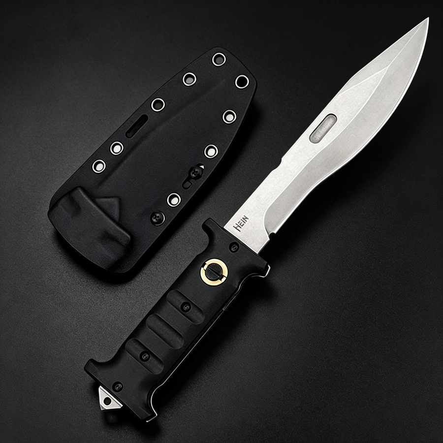 An open folding knife with a black handle featuring finger grooves and a brass pivot, a silver blade with a fuller, displayed next to a black hard sheath with eyelets on a dark background.