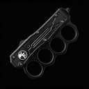 A closed black OTF knife with a knuckle duster handle, white logo, and blue screws, displayed on a black background.