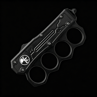 A closed black OTF knife with a knuckle duster handle, white logo, and blue screws, displayed on a black background.