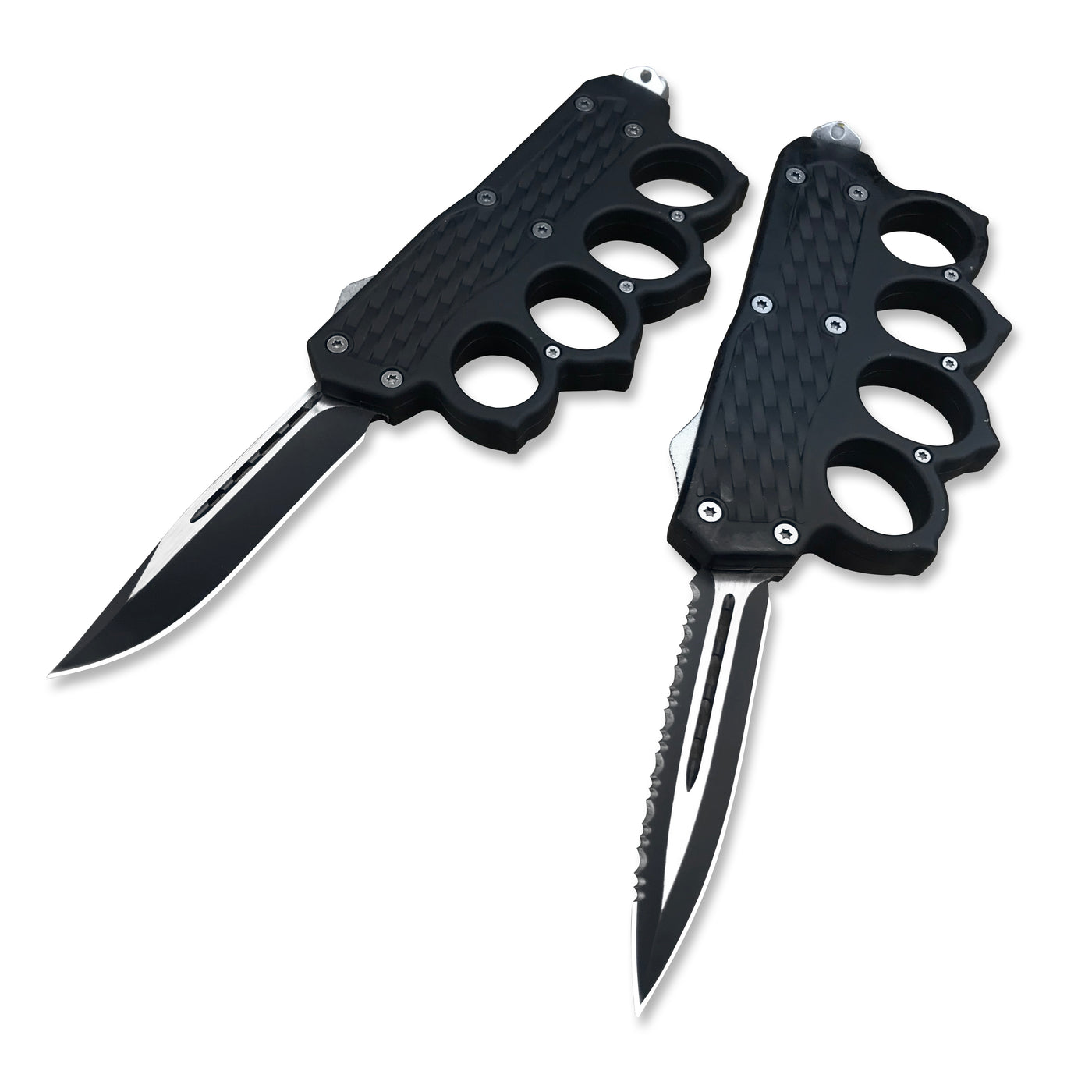 Two open black knuckle duster OTF knives, one plain edge and one serrated, displayed on a white background for product clarity.