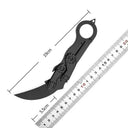 A black mechanical folding karambit knife with a finger ring and articulated arms, shown with dimension lines indicating a total length of 19cm and a blade length of 5.5cm, next to a ruler on a white background.