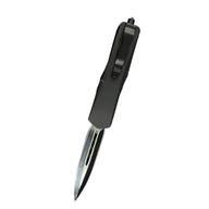 Black OTF knife with a pocket clip and a silver blade, shown on a white background.