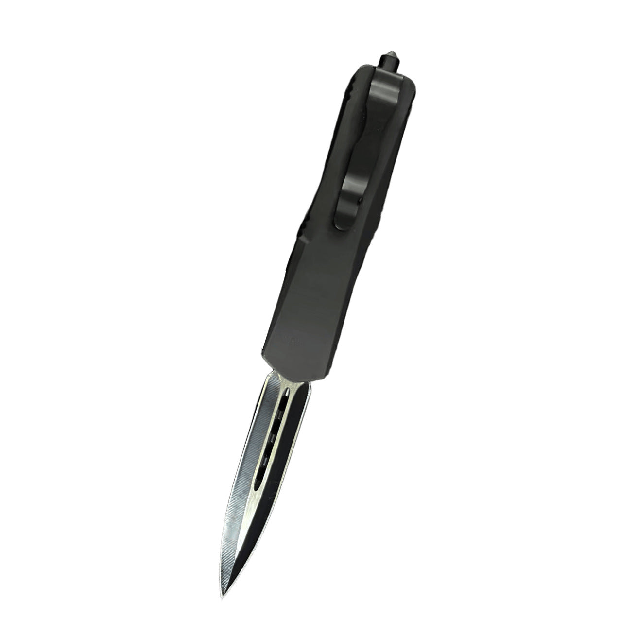 Black OTF knife with a pocket clip and a silver blade, shown on a white background.