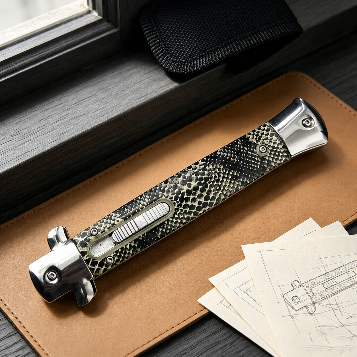 A closed stiletto knife with a black snakeskin patterned handle and silver hardware, resting on a leather notebook next to a black sheath and technical sketches.